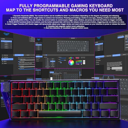 Aula WIN60 HE - 60% Mechanical Gaming Keyboard Wired, Magnetic Switch Hot Swappable, Adjustable Actuation Rapid Trigger Mode, 8000 Hz Polling Rate, RGB Small Keyboard 60 Percent Compact Design for PC - color: WIN60HE-Black Side