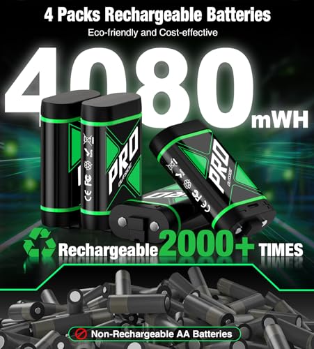 Upgraded Fast Charging Rechargeable Battery Packs with Light Control, 4x4080mWh Xbox Controller Batteries with Charger Dock for Xbox Series X|S, One S/X/Elite Controllers,Cases and Storage Sets - size: M (4080mWh)