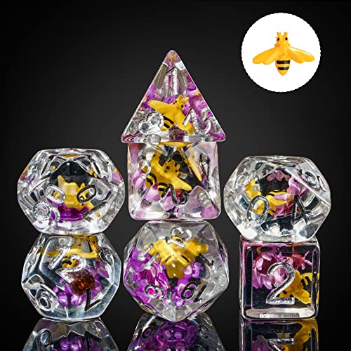 Cusdie 7-Die DND Dice, Polyhedral Dice Set Filled with Animal, for Role Playing Game D&D Dice (Bee Purple Flower) - color: Bee Purple Flower