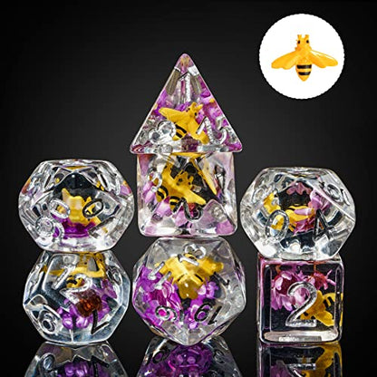 Cusdie 7-Die DND Dice, Polyhedral Dice Set Filled with Animal, for Role Playing Game D&D Dice (Bee Purple Flower) - color: Bee Purple Flower