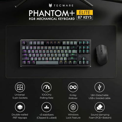 TECWARE Phantom+ Elite 87 Key RGB Mechanical Gaming Keyboard | 3-Mode Wireless Bluetooth 5.0, 2.4GHz & USB-C Wired | Hot-Swappable 5-Pin | Double-Shot PBT Keycaps | Wraith Brown Switch - Black - color: Brown Switch, size: Phantom+ Elite 87 | Black