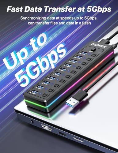 Powered USB Hub, 10-Port USB Splitter with RGB LED Strip | 5Gbps Data Transfer,Individual LED On/Off Switches and 12V/2A Power Adapter for Laptop, PC, Mouse, Keyboard, Hard Drive - style: 10 PORT