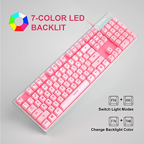 MageGee Gaming Keyboard, 7 Solid Colors Backlit Wired Gaming Keyboard with Clear Housing and Double-Shot Keycaps, K1 Waterproof Ergonomic 104 Keys Light Up Keyboard for PC Desktop Laptop, Pink