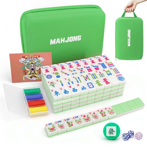 Jolitac American Mahjong Tile Set with 166 Tiles, 1.2-Inch Tiles & Accessories, Mahjong Gift Set with 3 Blue Dice and Mahjong Tile Bag, Portable Travel Game for Adults, Family Night, Gift (No Rack) - color: Green