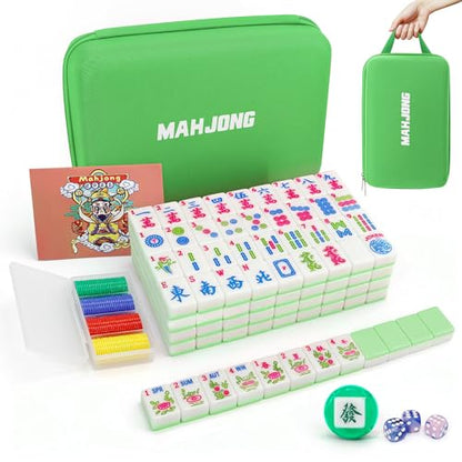 Jolitac American Mahjong Tile Set with 166 Tiles, 1.2-Inch Tiles & Accessories, Mahjong Gift Set with 3 Blue Dice and Mahjong Tile Bag, Portable Travel Game for Adults, Family Night, Gift (No Rack) - color: Green