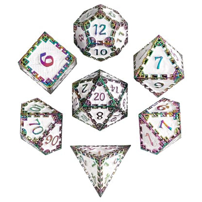 UDIXI Metal DND Dice Set Polyhedral Metal Dice Set D&D for Tabletop Games | 7-Pieces, Dragon Carved, Chain-edge Design, Metal Gift Box, DM Gift, for Dungeons and Dragons Role Playing Games - color: Chain Frame-colorful White