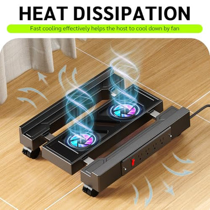 CABTE Computer Tower Stand with Charging Station and Cooling System | Adjustable Mobile CPU Holder with 4 Rolling Casters, Under Desk CPU Bracket PC Floor Cart PC Riser for Office, Home - color: Socket with Fan