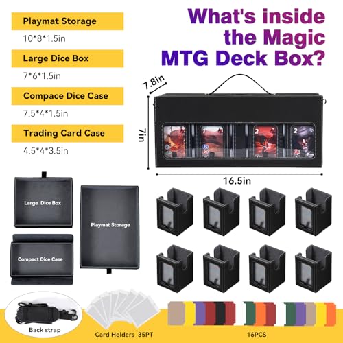 Mtg Commander Deck Box with Handle, 8Removable Deck Modular and 3Dice Trays | Holds 1500+Double-Sleeved Cards, Strap & Magnetic Lock, Magnetic Holders, Dividers Included, Display Window, Fit TCG/EDH,Grey - color: Black Grey