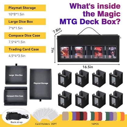 Mtg Commander Deck Box with Handle, 8Removable Deck Modular and 3Dice Trays | Holds 1500+Double-Sleeved Cards, Strap & Magnetic Lock, Magnetic Holders, Dividers Included, Display Window, Fit TCG/EDH,Grey - color: Black Grey