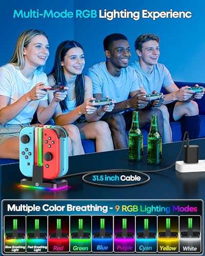 Switch Joycon Charger for SW 1 Model with 9 RGB Light Modes, Switch Controller Charger Stand with LED Indicators, SW Charging Dock Station for 4 Joycon Charging - size: S-Black-Switch 1