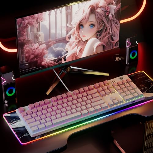 MageGee Mechanical Gaming Keyboard, Wired USB RGB Backlit Keyboard, 104-Key 100% Anti-Ghosting Mechanical Keyboard with Red Switches, Side-Printed Keycaps for Windows PC & Mac - color: Rose powder red switch
