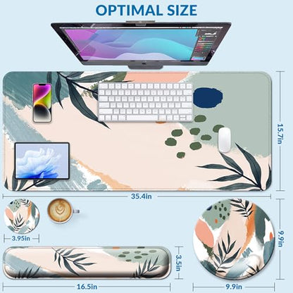 Desk Mat Set Keyboard and Mouse Pad with Wrist Rest Support | Ergonomic,Pain Relief, 4-in-1 Large Big Mousepad Computer Mats,Desk Pad Matt Mats for Desktop Home & Office - color: O-Leaves 2
