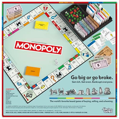 Monopoly Board Game | Classic Game with Storage Tray and Larger Tokens | Ages 8+ | 2 to 6 Players | Family Games for Kids and Adults | Kids Gifts