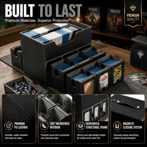 MTG Deck Box for Commander & TCG, Trading Card Storage Box with Handle | 7-in-1 Cards Deck Case with dual-sided windows, 2-layer design, 6 deck case, 1 dice tray, 6 magnetic holders & accessories - color: Super Large - Black