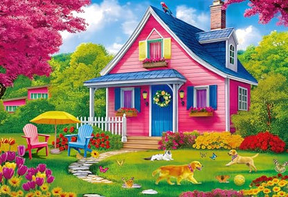 300 Piece Puzzles for Adults Kids - Jigsaw Puzzle - The Pink Courtyard House - color: Pink Courtyard House