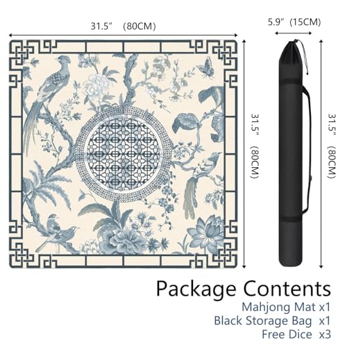 Blue Mahjong Mat for Table, 31.5*31.5in Anti Slip Mahjong Table Cloth, Noise Reduction, Neoprene Mah jongg Mat with Carrying Bag & 3 Dices, Mahjong Accessories Gift for Poker Board Tile Games Mats - color: Flower07