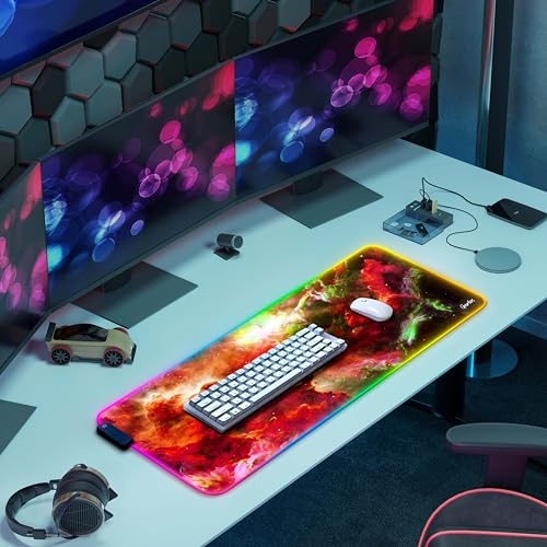 Gerlos RGB Gaming Mouse Pad, Large LED Desk Mat, 31.5 x 11.8 Inch | 12 light modes, non-slip base, water-resistant surface, stitched edges - color: Red