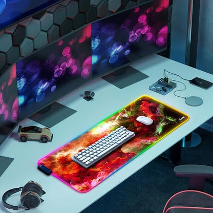Gerlos RGB Gaming Mouse Pad, Large LED Desk Mat, 31.5 x 11.8 Inch | 12 light modes, non-slip base, water-resistant surface, stitched edges - color: Red