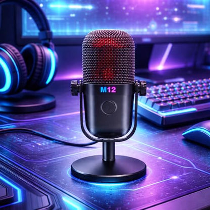 USB Microphone for PC Gaming, Condenser Mic with RGB Gradient, Noise Reduction, Round Stand Desk Podcast Mic for YouTube, Streaming, Podcasting & Recording