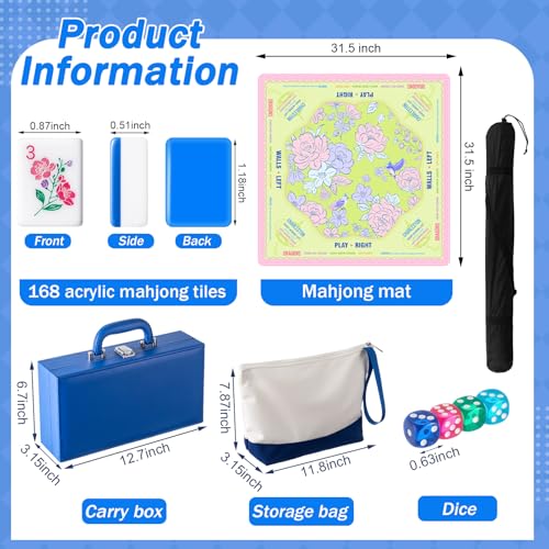 Soulchen 1.2in American Mahjong Tiles Set with Noise Reducing Mat 168 Acrylic Engraved Mahjong Game Tiles with Portable Storage Bags and 4 Dice for Adults Family Friends Collection Travel Game(Blue) - color: Blue