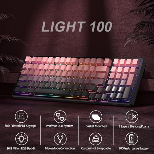 MageGee LIGHT100 Wireless Creamy Keyboard, Gasket Structure Hot Swappable, 2.4G/USB-C/BT5.0 RGB Backlit Mechanical Gaming Keyboard for Win/Mac/PC, 8000mAh Battery, Side Printed PBT Keycap, Pink - color: Pink/Blue Whale Switch