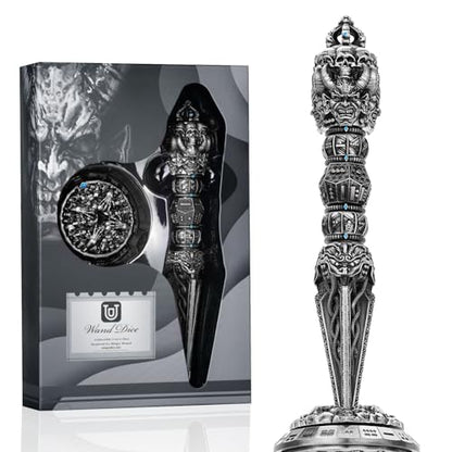 Metal DND Wand dice Set with Bagua Stand, Seven as one, Roulette dice Rotator, Suitable for Role-Playing or Steampunk Themed Games with D20 D12 D10 D8 D6 D4 D00% dice Set with one D2 Coin (Silvery) - color: Silvery