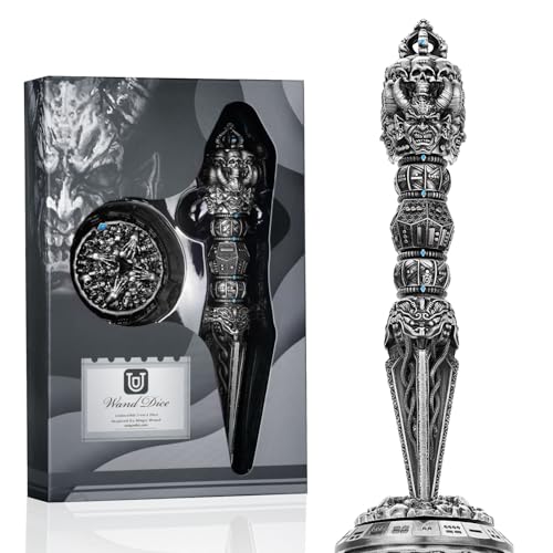 Metal DND Wand dice Set with Bagua Stand, Seven as one, Roulette dice Rotator, Suitable for Role-Playing or Steampunk Themed Games with D20 D12 D10 D8 D6 D4 D00% dice Set with one D2 Coin (Silvery) - color: Silvery