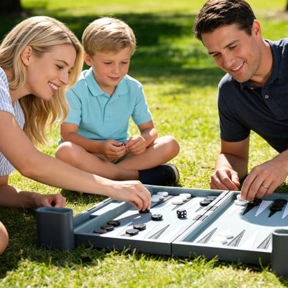 Backgammon Set - Classic Board Game with Premium PU Leather Case - Portable Travel Strategy Backgammon Game Set for Adults, Kids Family Game Night, Vacation & Gifts (15inch Medium, Gray) - color: Gray, style: 15inch