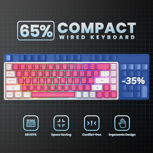GEODMAER 65% Gaming Keyboard, LED Backlit Mini Wired Keyboard, Ultra-Compact Anti-Ghosting No-Conflict 68 Keys Membrane Gaming Wired Keyboard for PC Laptop Windows Gamer(Pink-White) - color: Pink-White