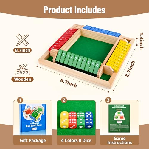 Shut The Box Game,Travel Dice Game for Kids and Adults,2-4 Players Board Game(Spare Dice)