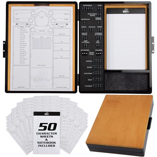 Monster Wooden Deluxe RPG Stat Tracker Case- Keep Track of Player Level, Stats & Currency- Felt Lined Dice Tray, Magnetic Closure w Character Sheets, Store Miniatures & Accessories-Compatible with DND - color: Light Stain