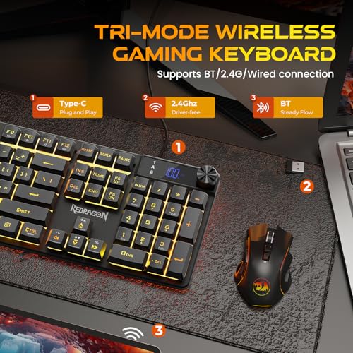 Redragon K521 Pro Wireless Gaming Keyboard with Screen, 4000mAh Battery | Mechanical Feeling, Tri-Mode BT/2.4G/USB-C, RGB Keyboard, 12 Multimedia Keys, Programmable Software, Full-size keyboard - color: Glossy Black