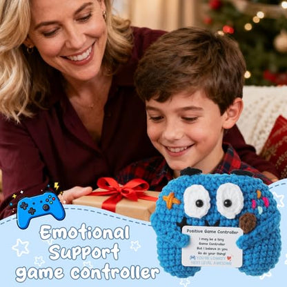 Positive Crochet Controller Gifts for Gamer Boyfriend, Retro Gamer Gifts for Men Teenage Boys, Handmade Gamer Game Controller Doll for Teen Girls Boys Christmas, Emotional Support Crochet Decor