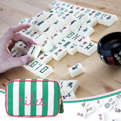Sanwuta 1 Pcs Mahjong Tile Bag with Zipper,Green,Striped | Embroidered Mahjong Case for 166 American Mahjong Tiles (1.2") Portable Bags for Board Game Party Gathering Travel - color: Green, style: Classic