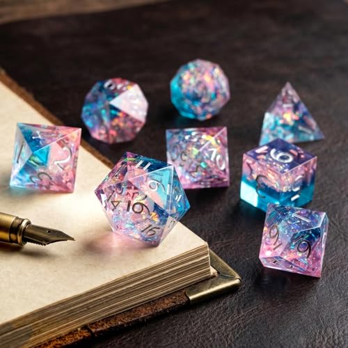 Haxtec Sparkling Sharp Edge Dice Set - Handmade Resin DND Dice with Iridescent Mylar Inclusion, Light Purple and Blue Color Mix-Enchanted Stardust - color: Light Blue Pink