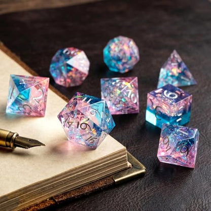Haxtec Sparkling Sharp Edge Dice Set - Handmade Resin DND Dice with Iridescent Mylar Inclusion, Light Purple and Blue Color Mix-Enchanted Stardust - color: Light Blue Pink