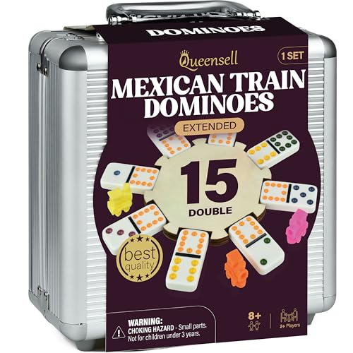 Queensell Mexican Train Dominoes Set Double 15 for Adults and Family, Mexican Train Double 15 Dominoes Set Colored Dot - 136 Tiles, 9 Trains, Wooden Hub, Aluminum Case (Double 15) - style: Double 15