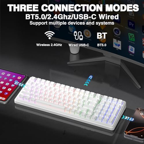 AULA F99 Wireless Mechanical Keyboard,Triple-Mode(BT5.0/2.4GHz/USB-C),Gasket Mounted Creamy Keyboard with Linear Switches, Side Printed PBT Keycaps,RGB Backlit PC Gaming Keyboards for Win/Mac - color: White