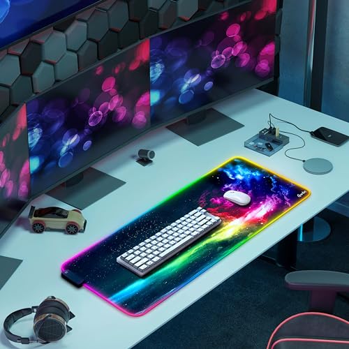 Gerlos RGB Gaming Mouse Pad, Large LED Desk Mat, 31.5 x 11.8 Inch | 12 light modes, non-slip base, water-resistant surface, stitched edges - color: Green