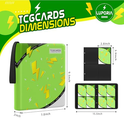 Trading Card Binder 4 Pocket,400 Pocket Card Collection Binder with 50 Removable Sleeves,PU Waterproof Top Card Book,3-Ring Zipper Collectible Trading Card Album for MTG/TCG/Card Holder Gift（Green） - color: Green, size: Small