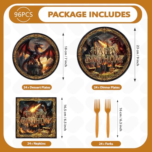 96 Pcs Dragon Themed Birthday Party Decorations, Serves 24 | Medieval Fire Dragon Castle Plates and Napkins Fantasy Knight Theme Tableware Set for Boys Man Girls Party Supplies - style: Treasure Western Dragon Plates m