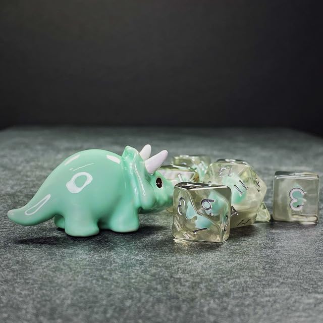 Sage's Portal Familiars Dice and Toy Set Combo Resin DND Dice Set Polyhedral Dice Set for Dungeons and Dragons RPG Pathfinder Tabletop TTRPG (Teal Triceratops+ Figurine) - color: Teal Triceratops, style: Dice Set +Mini Figure