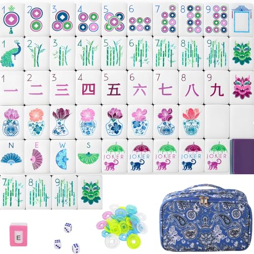 Mahjong Tile Set, 4-Layer American Mahjong Tiles with 50 Chips,3 Dice & Blue Printed Carrying Bag Case, 160 Pcs Mahjong Sets with Acrylic Engraving for Home, Travel & Game Nights - color: Purple