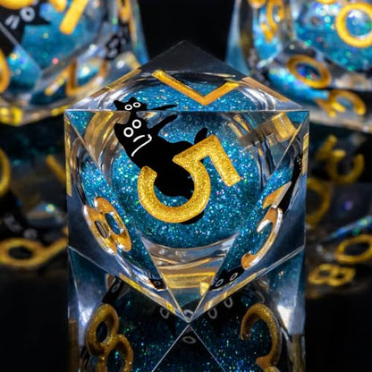 Roycevon Resin DND Dice Set with Gift Box, 7Pcs Liquid Core Cat D&D Dice, Cute Dungeons Dragons D and D Dice, Sharp Edge Role Playing Game Dice D20 D12 D10 D8 D6 D4, Blue Gold - color: Blue Gold