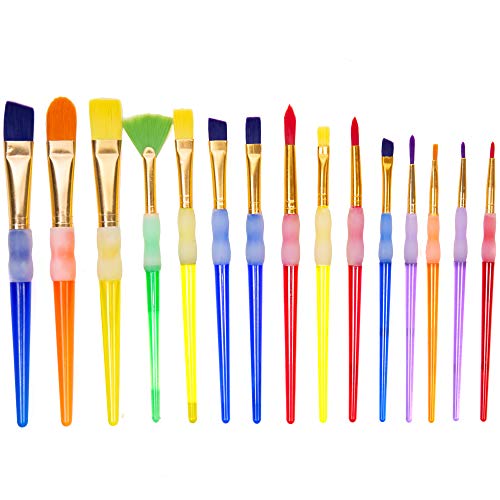 Horizon Group USA E-Z Grip Paint Brushes - 15 All Purpose Easy Grip Paint Brushes, Soft Rubber Grip Handle, Great with Watercolor, Acrylic & Washable Paints. Assorted Multicolored - style: 15 Pack