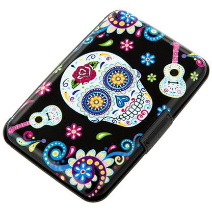 Credit Card Holder Small RFID Blocking Wallet Business Metal Slim Mini Aluminum Hard Case for Women Men - color: B Sugar Skull