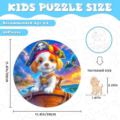 Animal Wooden Puzzles for Kids - Pirate Puppy (11.4 * 11.4 in) | 50 Piece Puzzles for Kids Ages 6-8, Kids Puzzles with Unique Animal Shapes, Round Gift for Girls and Boys - color: Pirate Puppy