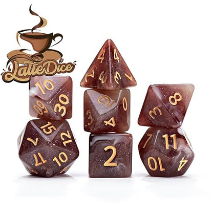 Gate Keeper Games and Dice: Aether Dice: Latte Dice - 7pc RPG Set, Brown & Cream Swirled w/ Holographic Glitter, 7 Resin Dice for Role Playing Games - style: Latte