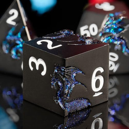 Glitter Blue Dragon Metal Dice Set,7 PCS Heavy Zinc Alloy DND Dice with Magnetic Gift Box for Tabletop RPG & D&D Games (Glitter Blue Dragon) - color: Black With Glitter Blue