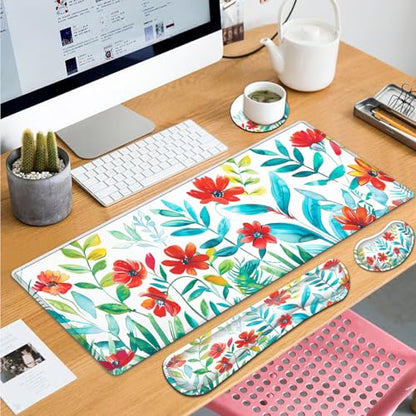 Large Gaming Mouse Pad+ Keyboard Wrist Rest Set, Ergonomics Memory Foam Mouse Mat Wrist Rest Support for Home Office, Waterproof Extended Mousepad 31.5x11.8in, Red Flowers White Desk Pad - color: Yvb-mousepad-9-f-156